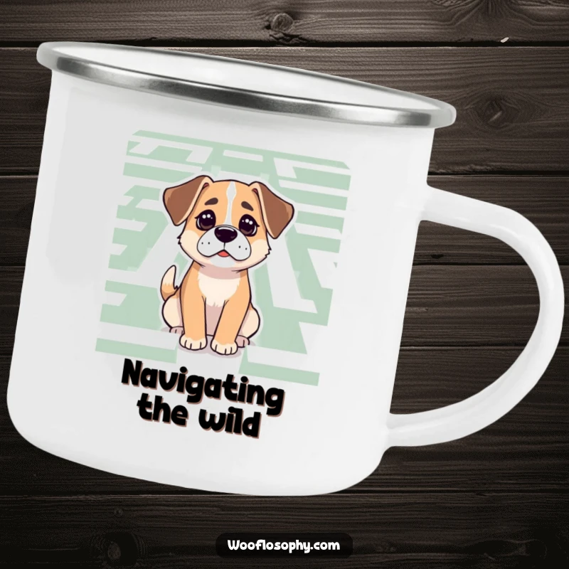 Funny Dog Camping Mug: A determined dog contemplates a maze, ready to find the path during an outdoor adventure.