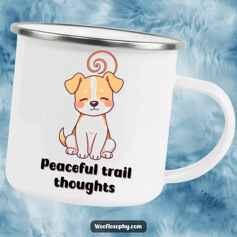 Funny dog camping mug showing a dog meditating with a spiral, perfect for outdoor lovers seeking peace.