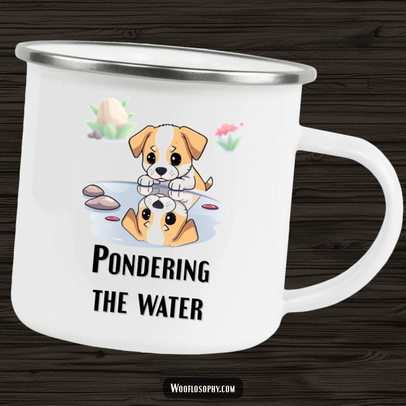 Funny dog thoughtfully looking at its pond reflection, depicted on a rugged camping mug for outdoor introspection.