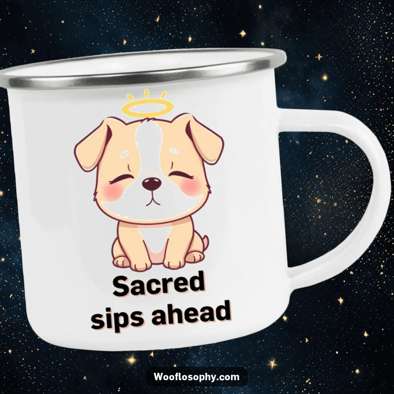 Funny camping mug with a dog, halo, and closed eyes, perfect for enjoying beverages in a heavenly state.