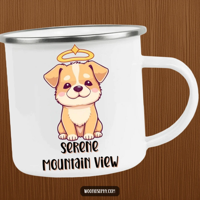 Funny angelic dog camping mug, a dog wearing a halo looking serene and wise, great for outdoor use.