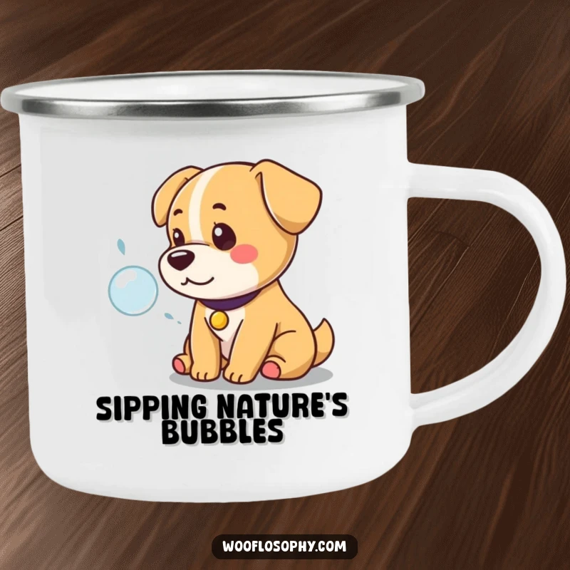 Funny Kawaii Dog Camping Mug: A regal, cute dog sits by a campfire, thoughtfully observing a bubble, perfect for funny outdoor adventures.