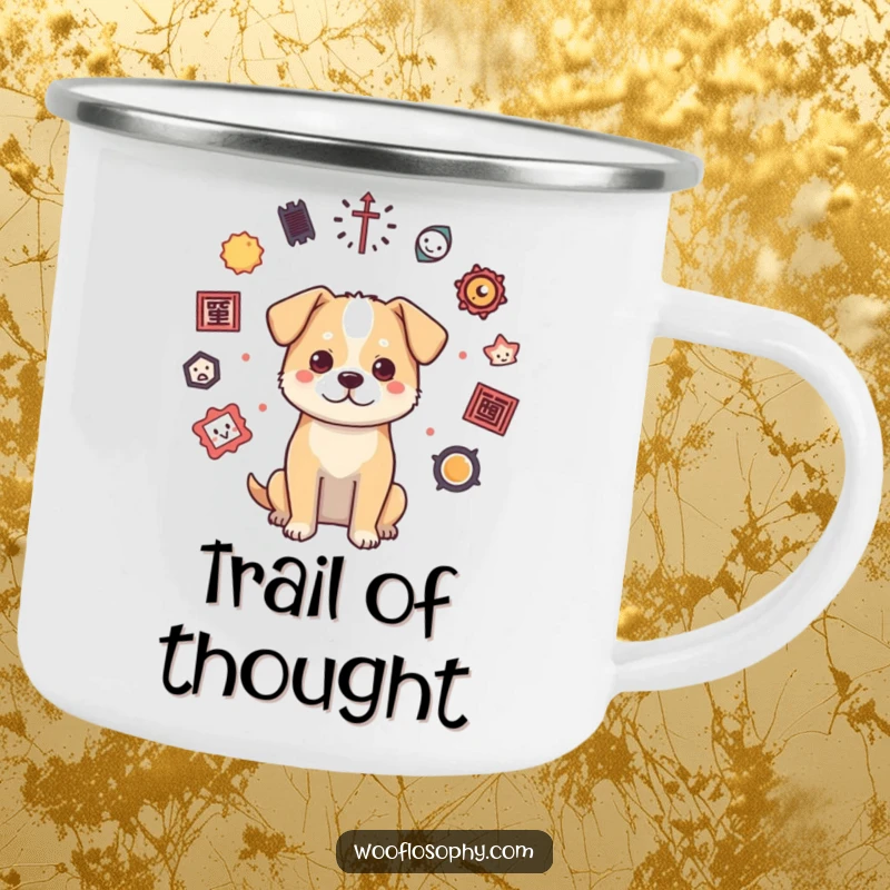 Funny dog camping mug with a dog contemplating floating philosophical symbols around a campfire, perfect for outdoor adventures.