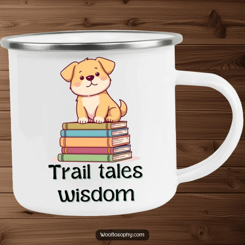 Funny Dog Camping Mug with a serene dog on books, perfect for enjoying nature and a good story.
