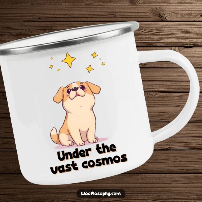 Funny dog camping mug showing a dog looking up at a vast expanse of stars with wonder.