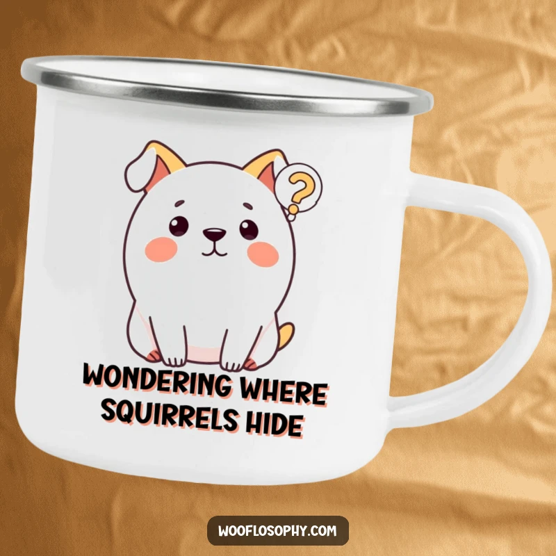 Funny dog camping mug showing a round dog with a question mark, perfect for outdoor enthusiasts and humor lovers.