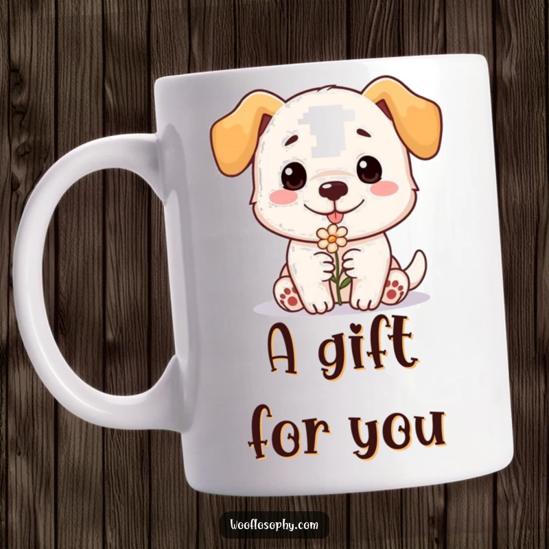 Funny dog mug, a gentle dog smiles while offering a tiny flower, conveying sweetness and humor, a perfect gift.