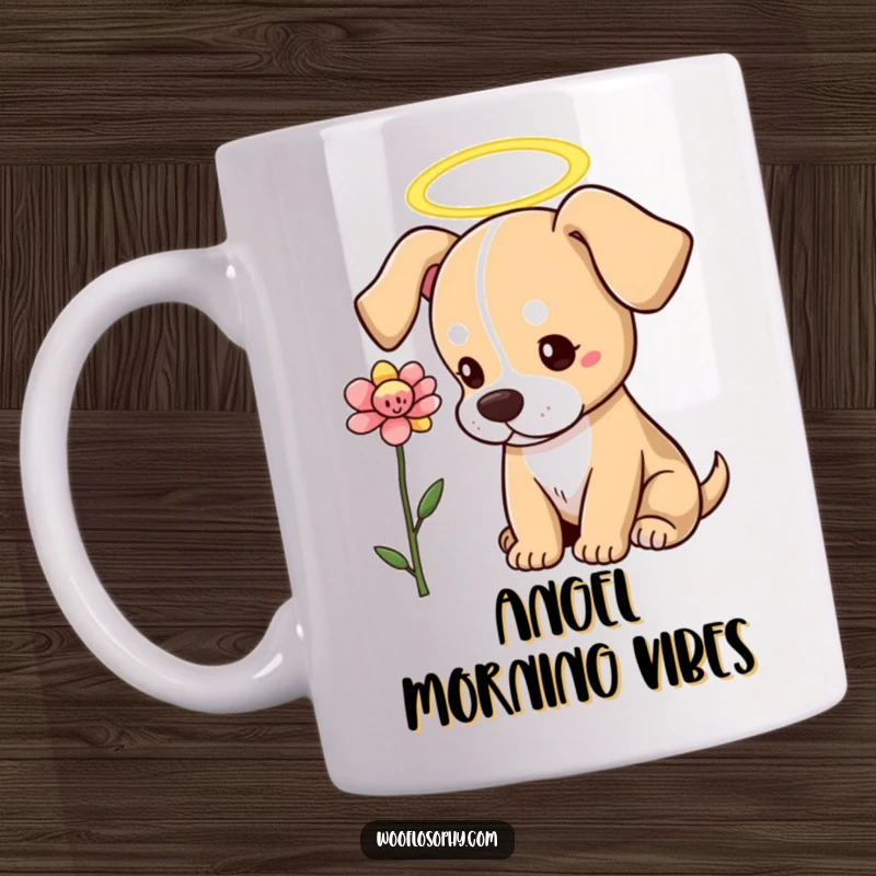 Funny Dog Mug: A dog with a halo gazes thoughtfully at a vibrant blooming flower, embodying angelic purity.