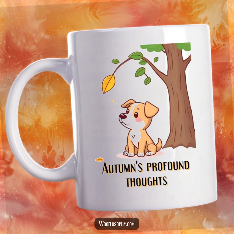 Funny mug featuring a dog character looking thoughtfully at a falling leaf, capturing autumn's gentle humor.