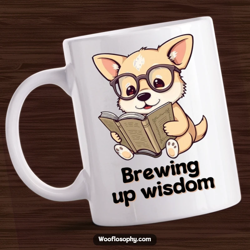 Funny mug featuring a dog wearing spectacles, deeply engrossed in reading a very old, worn book.