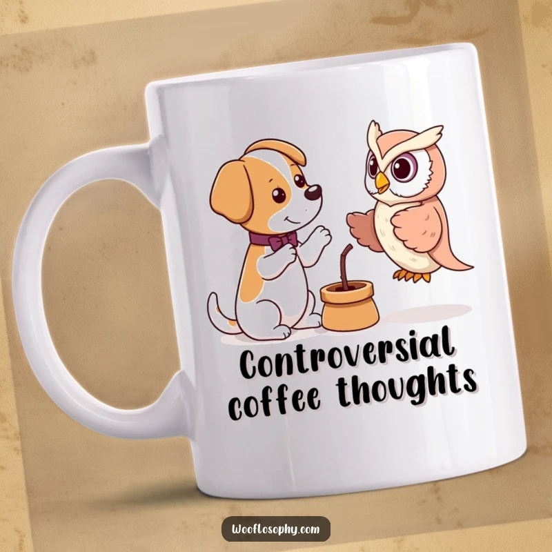 Funny mug featuring a dog energetically debating a wise owl puppet, showing intellectual humor and lively discussion.