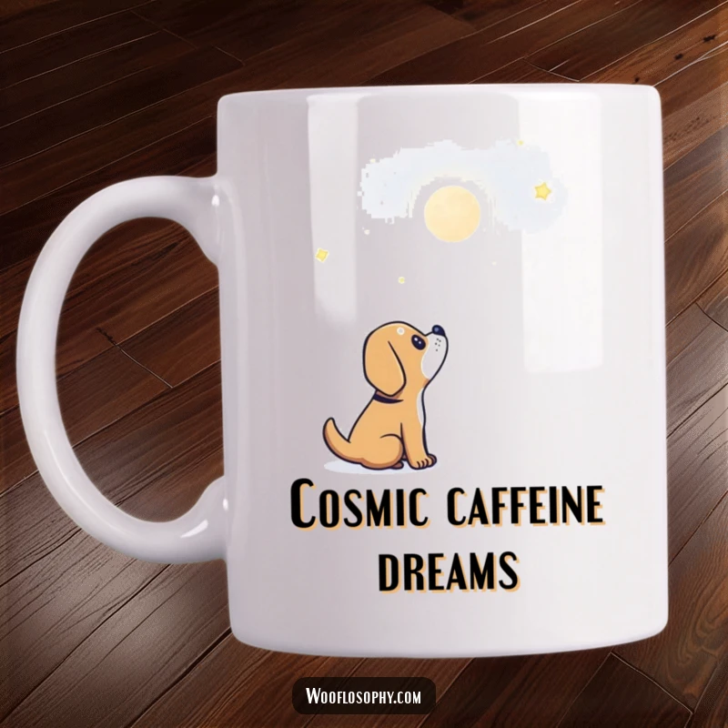 Funny dog mug featuring a cute canine gazing with amazement at a bright, shining star in the night sky.