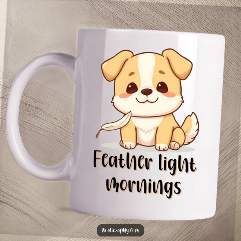 Funny Kawaii dog with a gentle smile, watching a feather fall, conveying peace, joy, and simple wonder.