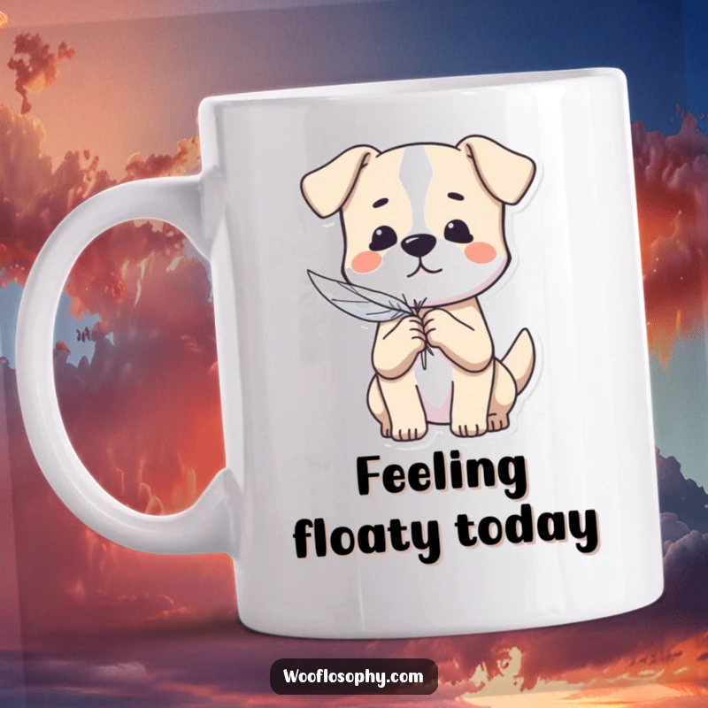 Funny Dog Mug: A dog gently holds a single feather, symbolizing peace, lightness, and a carefree attitude.