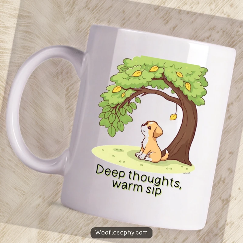 Funny dog sitting peacefully under a tree, gazing thoughtfully at a single leaf falling from a branch.