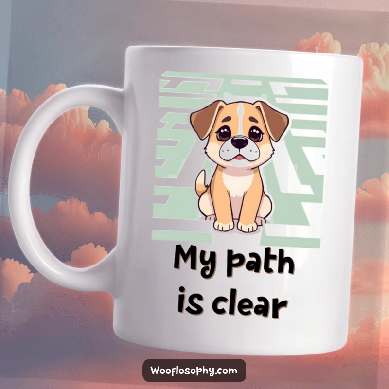 Funny Dog Mug: A dog calmly contemplates a complex maze with focused, determined eyes, ready to solve it.