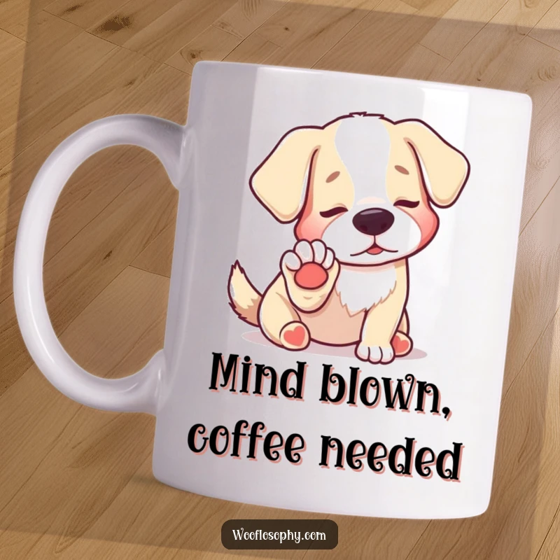 Funny mug showcasing a dog looking intently at its paw as if discovering the meaning of life, hilariously profound.