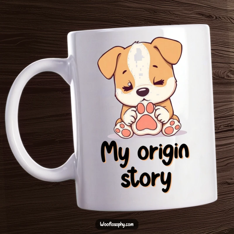 Funny dog mug, a thoughtful dog stares at its paw print with deep contemplation, perfect gift for dog lovers.