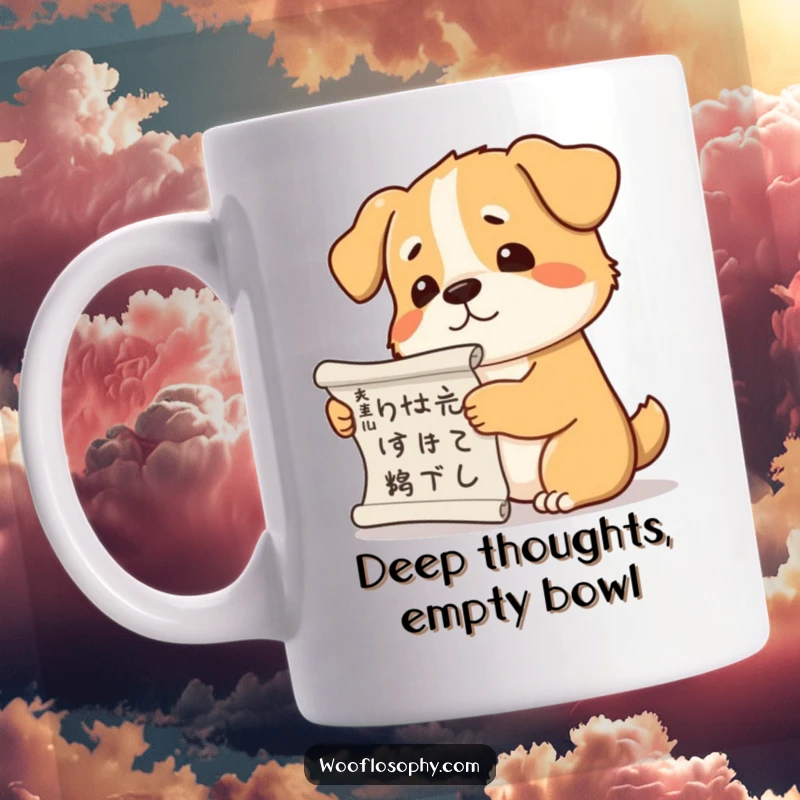 Funny dog mug showing a dog holding a scroll and scratching its head in deep philosophical thought.