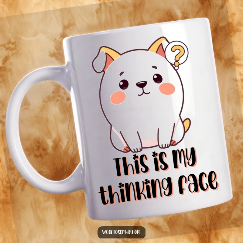 Funny dog mug featuring a round, confused dog staring at a floating question mark, perfect for contemplation lovers.