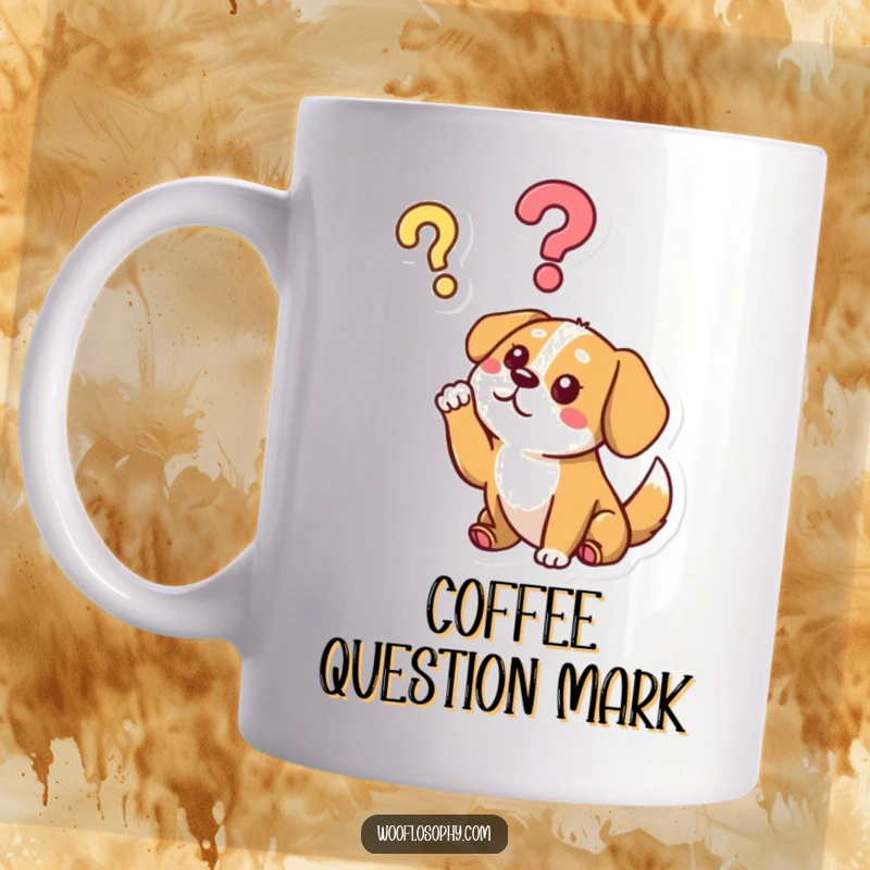 Funny mug featuring a dog character with a raised paw, pondering a floating question mark, symbolizing curiosity.