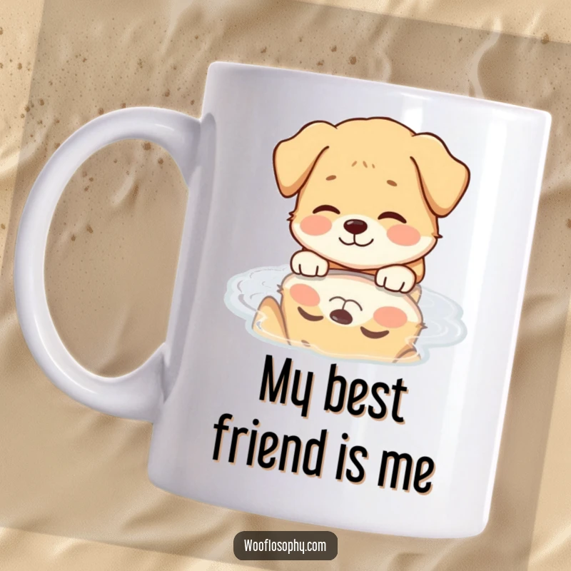 Funny Dog Mug: Serene dog smiles at its own reflection in a puddle, radiating pure joy and self-appreciation.