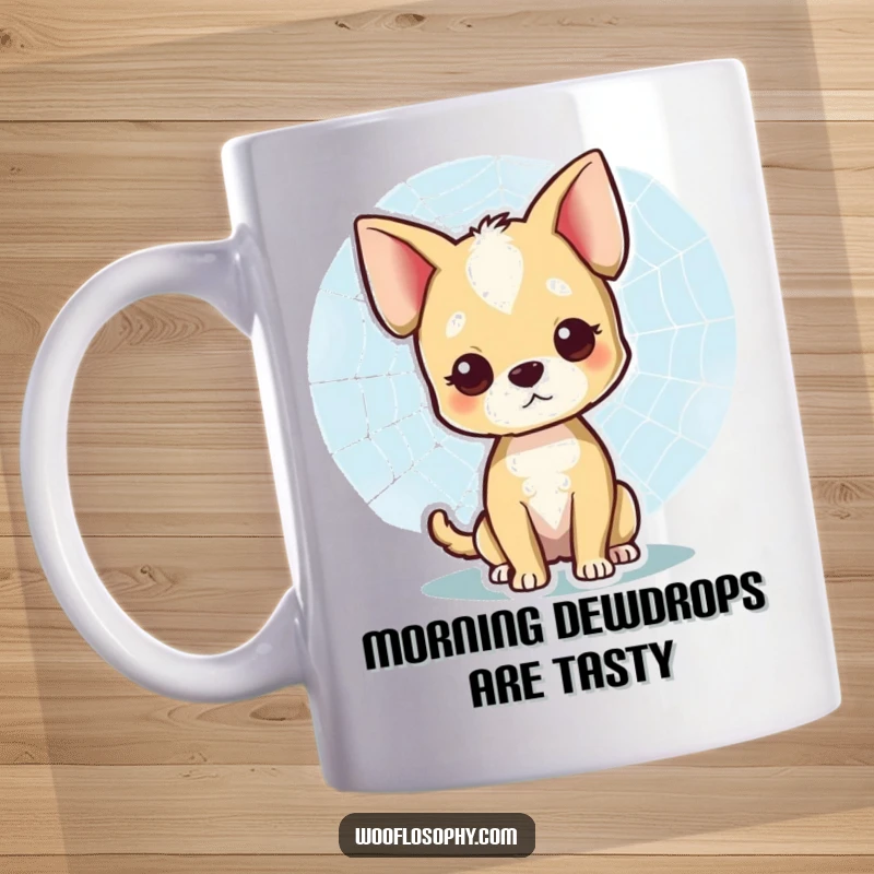 Funny mug featuring a dog with a subtle smile, observing a spiderweb's intricate pattern, a delightful funny gift.