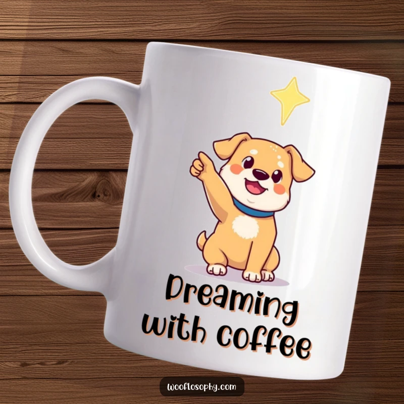 Funny mug depicting a dog with a hopeful gaze, pointing a paw towards a distant, shimmering star in the night sky.
