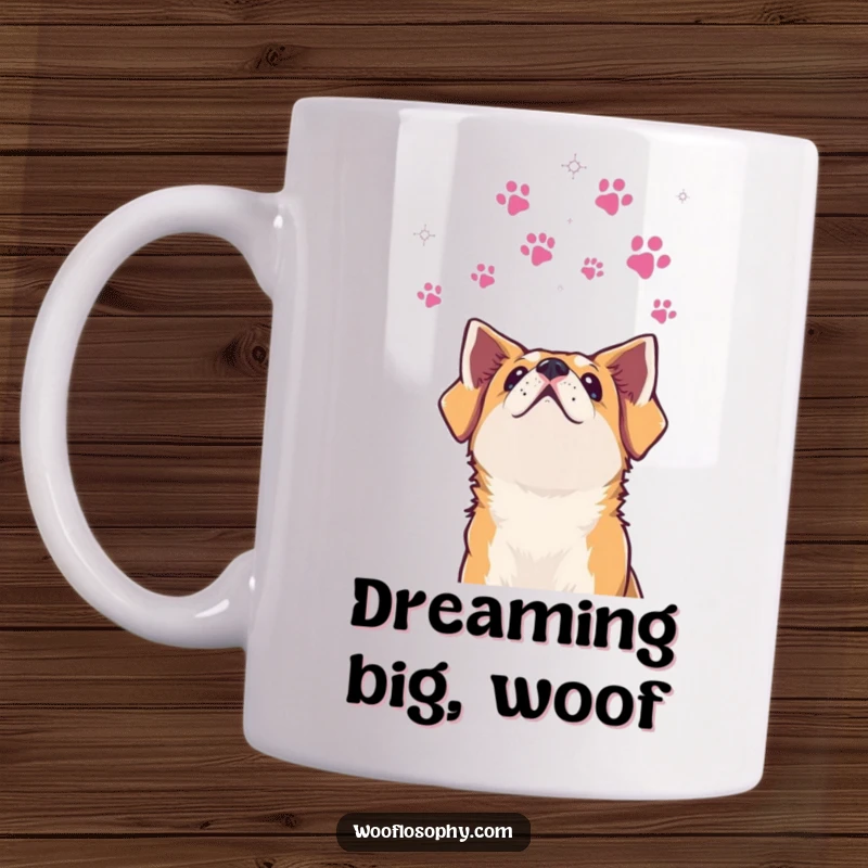 Funny dog mug featuring a dog looking up at a constellation of paw prints, symbolizing dreams and wonder.
