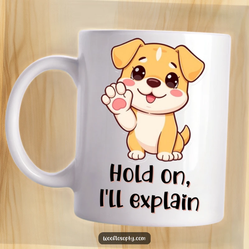 Funny mug showing a dog with its paw raised, about to launch into a detailed, humorous explanation.