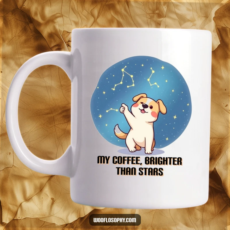 Funny dog enthusiastically pointing at a constellation in the night sky, a humorous mug for space lovers.