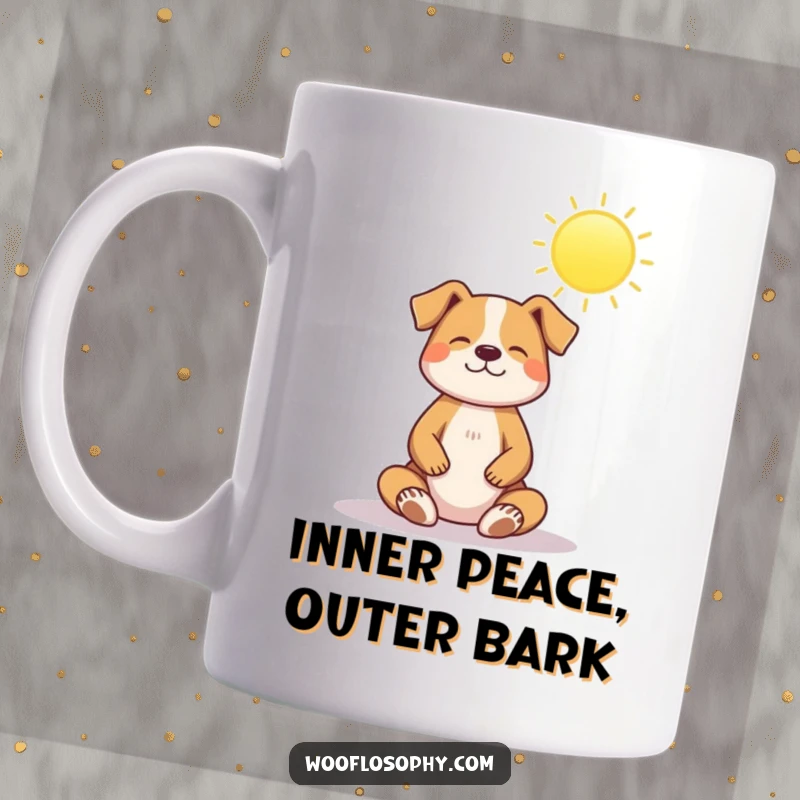 Funny mug: a dog meditates peacefully under a bright, shining sun, radiating calm and tranquility.