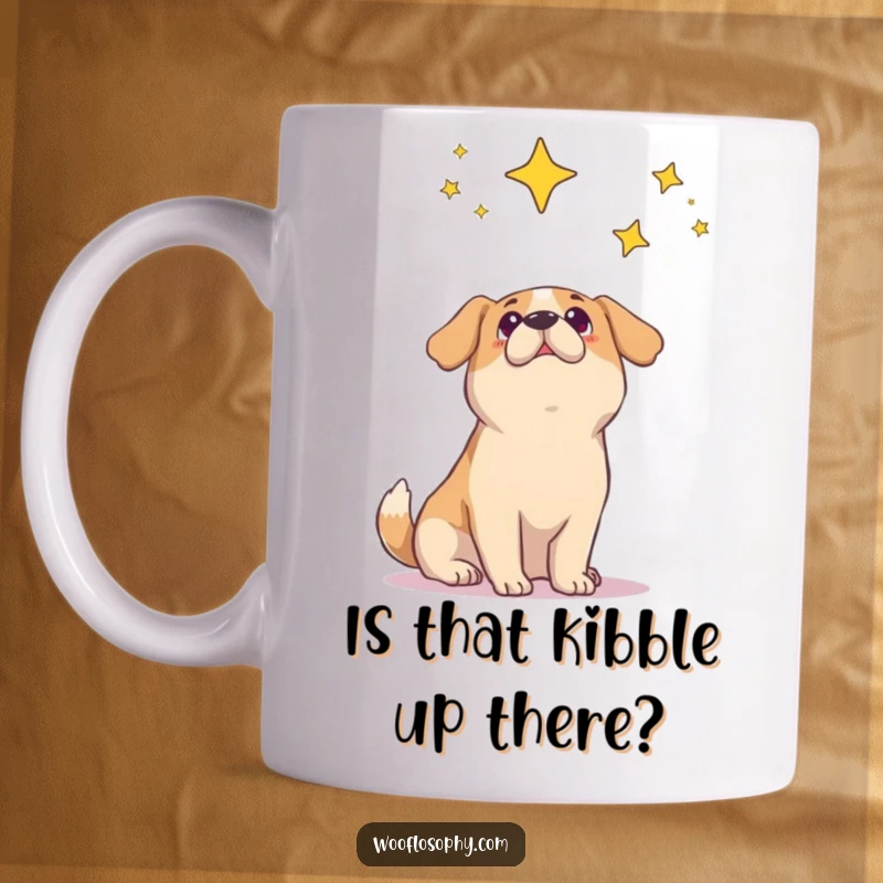 Funny dog mug showing a canine looking up at stars with ultimate wonder and cosmic awe.