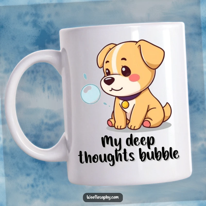 Funny Kawaii Dog Mug: A regal, cute dog sits serenely, deep in thought, contemplating a single iridescent bubble, a moment of pure, hilarious peace.