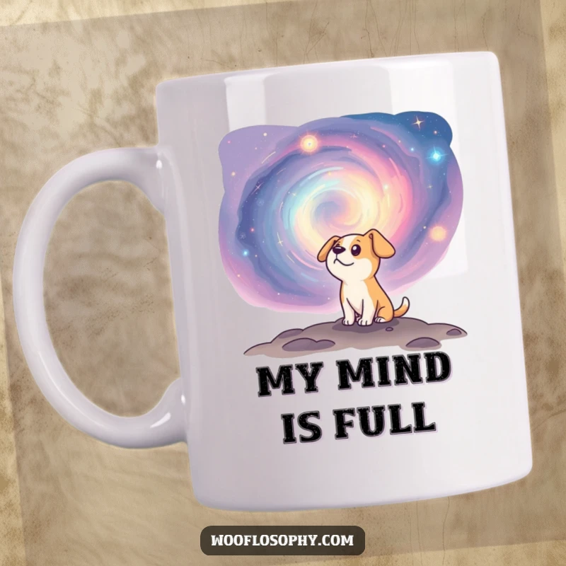 Funny dog looking up in awe at a vibrant, swirling cosmic nebula on a mug, a perfect gift for space lovers.