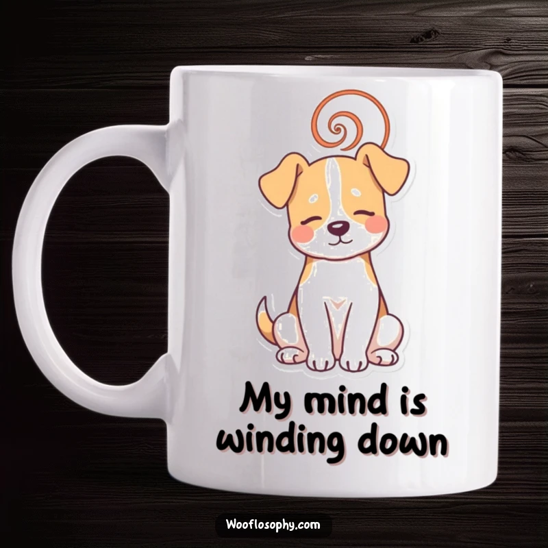 Funny dog mug showing a dog in peaceful meditation with a spiral emanating from its head, conveying calm humor.