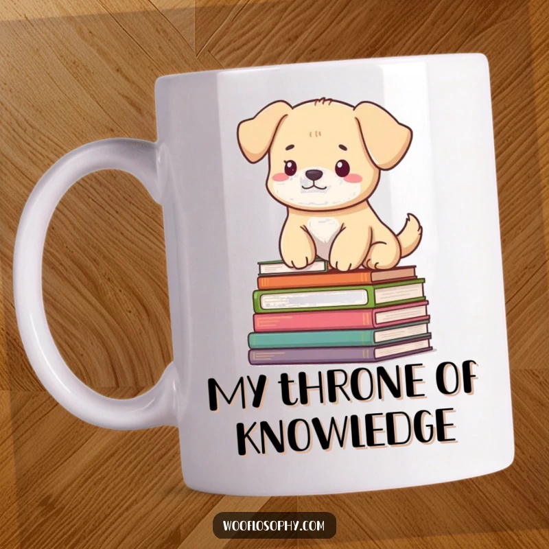 Funny mug: a dog sitting serenely atop a large pile of books, looking completely at peace and wise.