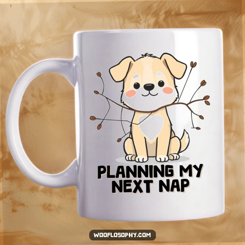 Funny dog mug showing a clever dog sketching a web pattern with a twig, symbolizing connection and thought.