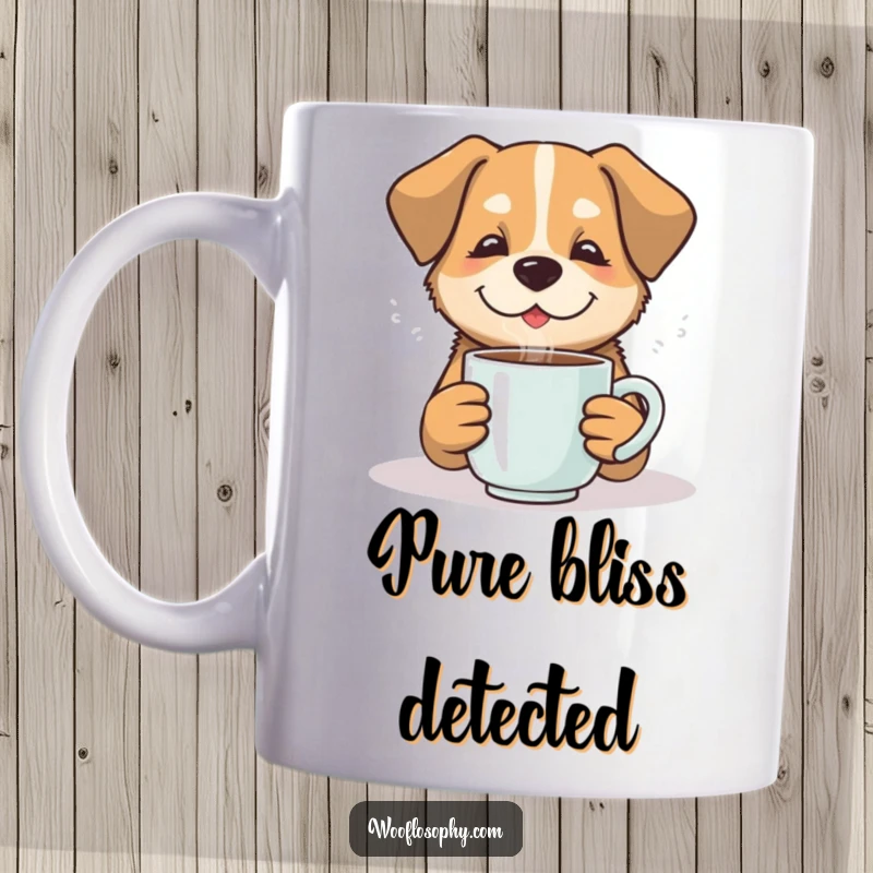 Funny contented dog happily sipping from a steaming mug, on a mug, representing ultimate relaxation, a funny gift.