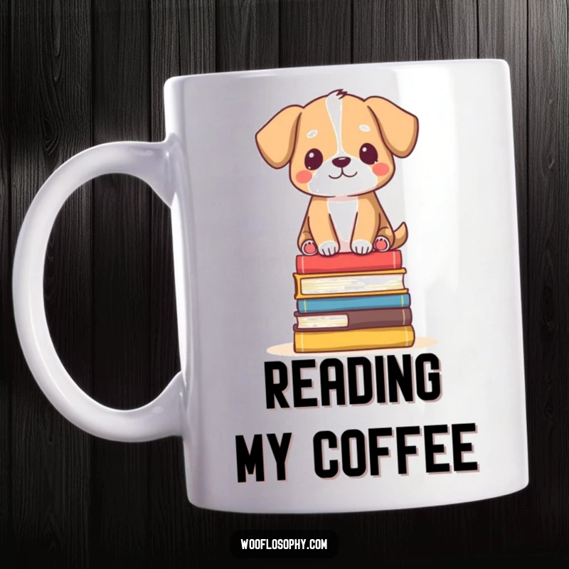 Funny Mug: Dog balanced on a small stack of books, looking serene, conveying peace and humor.