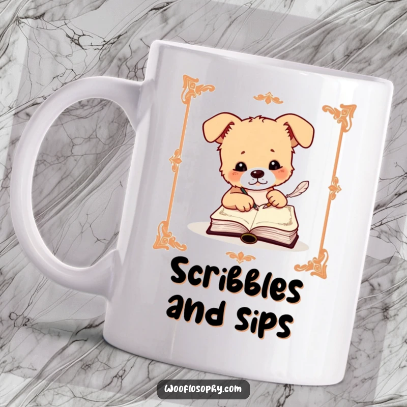Funny mug depicting a focused dog writing elegantly in a small, ornate book using a quill pen.