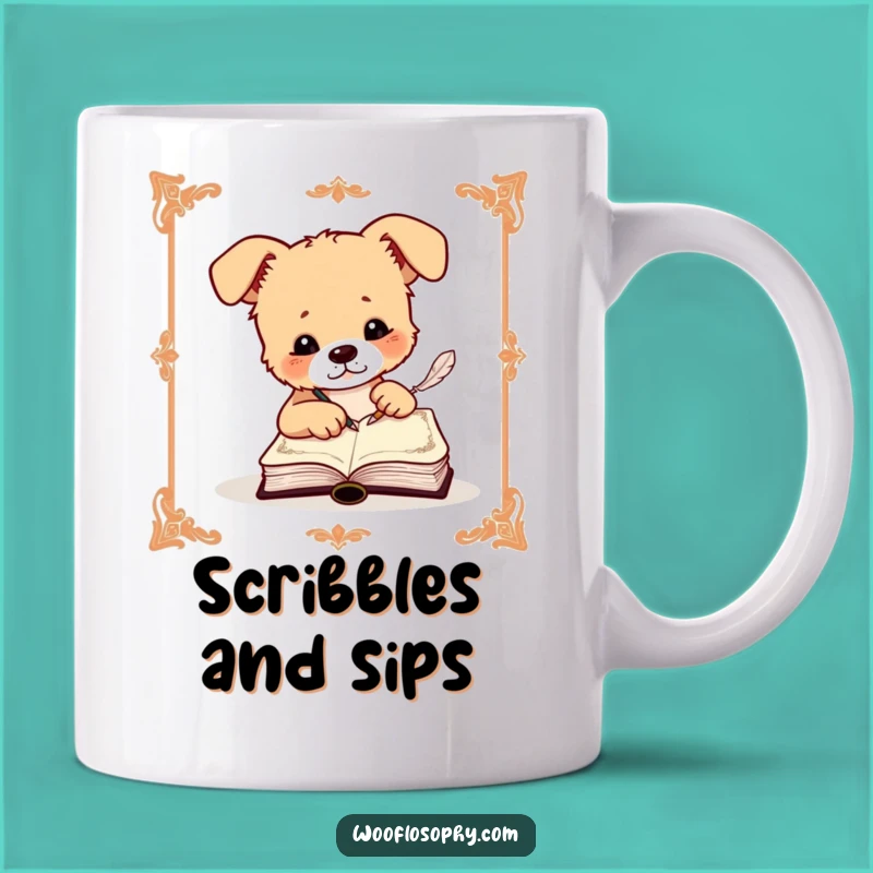 Funny Dog Scribe Mug: Ornate Journaling Canine's Quill Writing Adventure Gift