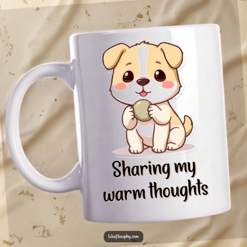 Funny Kawaii dog offering a small stone to another, symbolizing friendship, generosity, and simple acts of kindness.