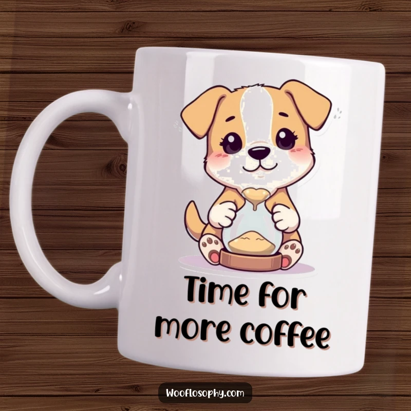 Funny mug with a curious dog character holding a tiny hourglass and intently watching the sand flow.