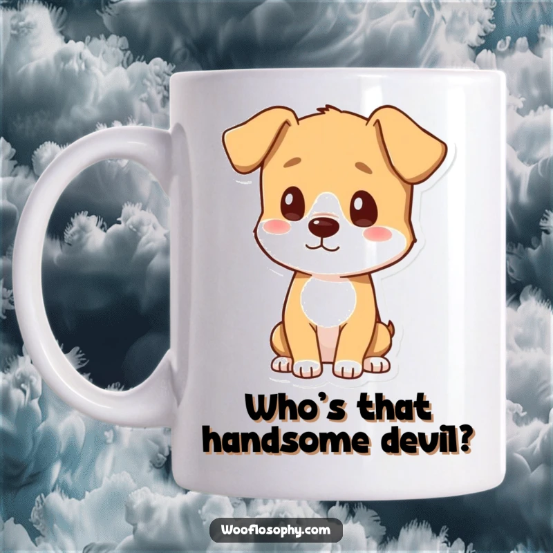Funny mug featuring a curious dog tilting its head, contemplating its shadow with a thoughtful expression, a perfect funny gift.