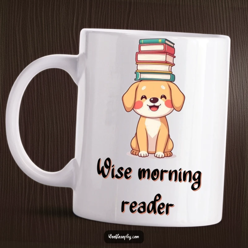 Funny bookworm dog mug, a smiling dog balancing a tall stack of books on its head, showcasing intelligence.