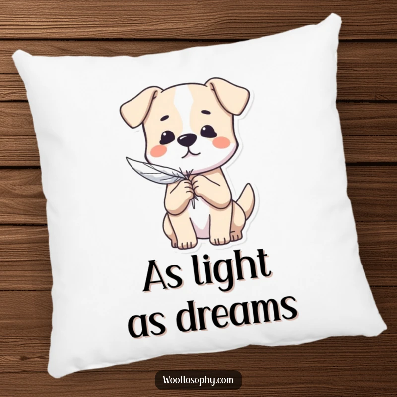 Funny Dog Pillow: A dog gently holds a feather, representing a light spirit and graceful presence.