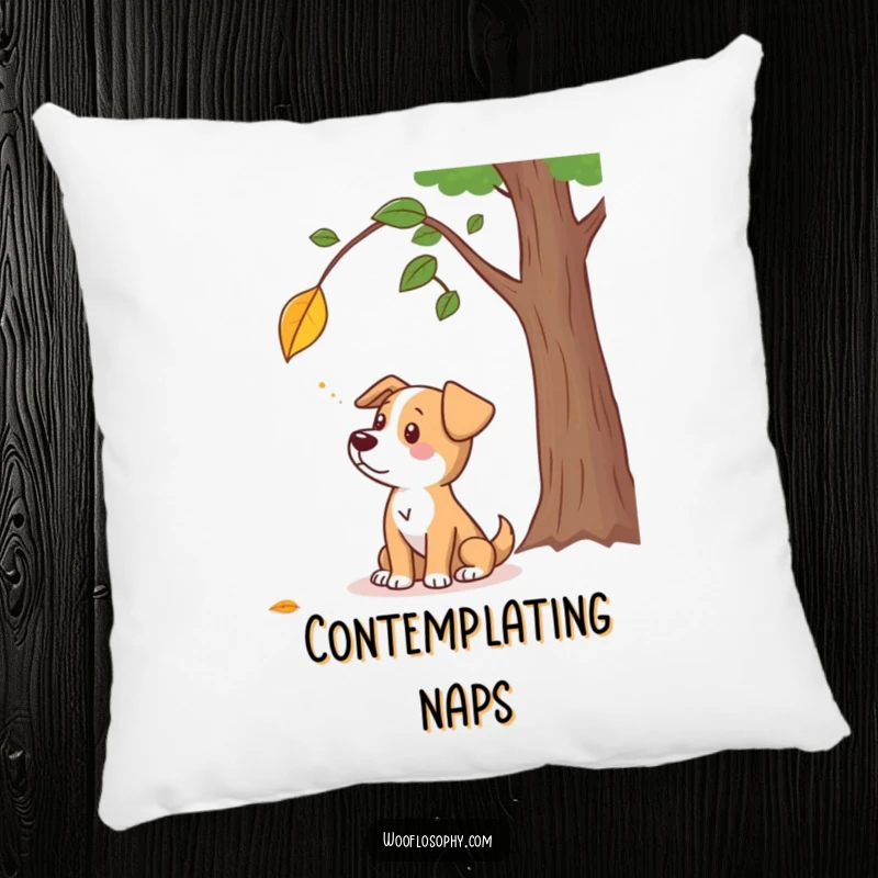 Funny pillow with a dog character contemplating a falling leaf, adding cozy humor and autumn charm to any room.