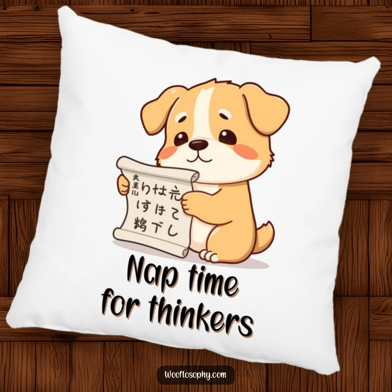 Funny dog pillow showing a dog wearing a thoughtful expression while holding a scroll and scratching its head.