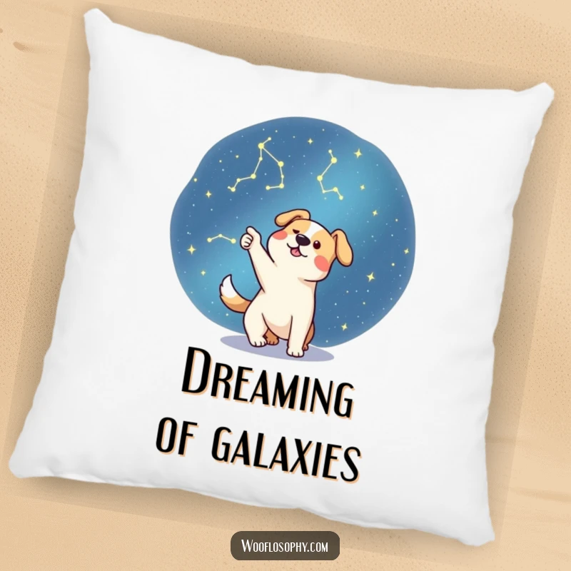 Funny dog looking up at the night sky and pointing at stars, a soft and humorous pillow.